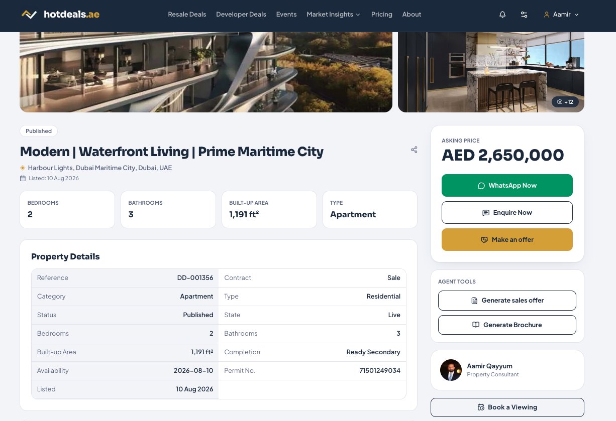 A live listing page. Whoever's microsite it opens from is the agent on every enquiry — the CTAs, agent tools and contact card are all yours.