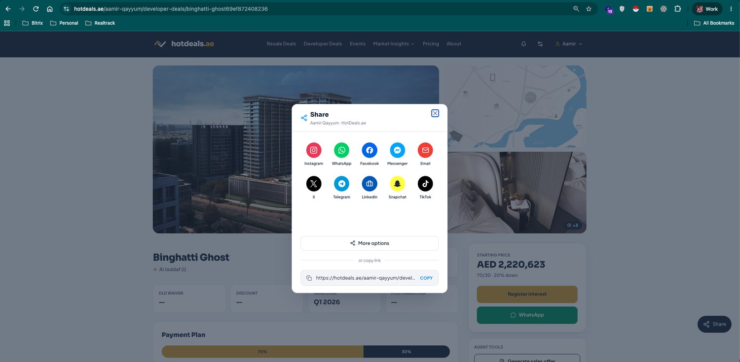 The Share sheet — push your microsite, a listing or a project to any channel, or copy the link. The link carries your name.