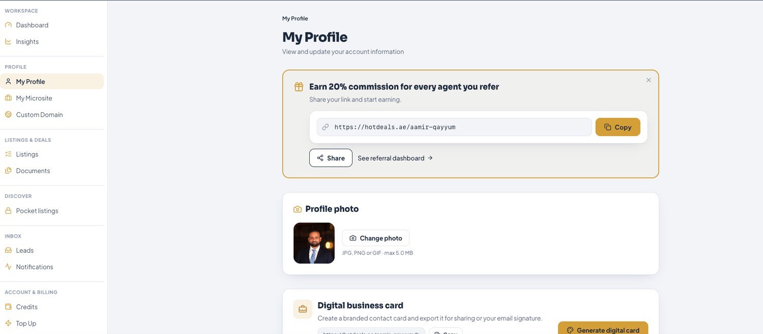 My Profile — your referral link, profile photo, and the start of your digital business card.