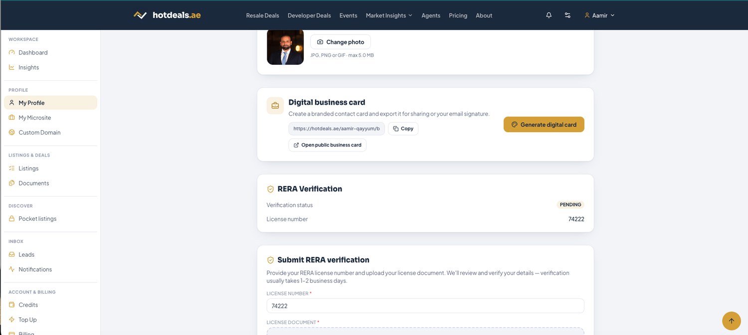 Digital business card controls and your RERA verification status.