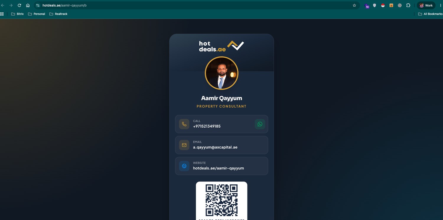 Your public business card — a shareable page with tap-to-call, email, website and a scannable QR code.