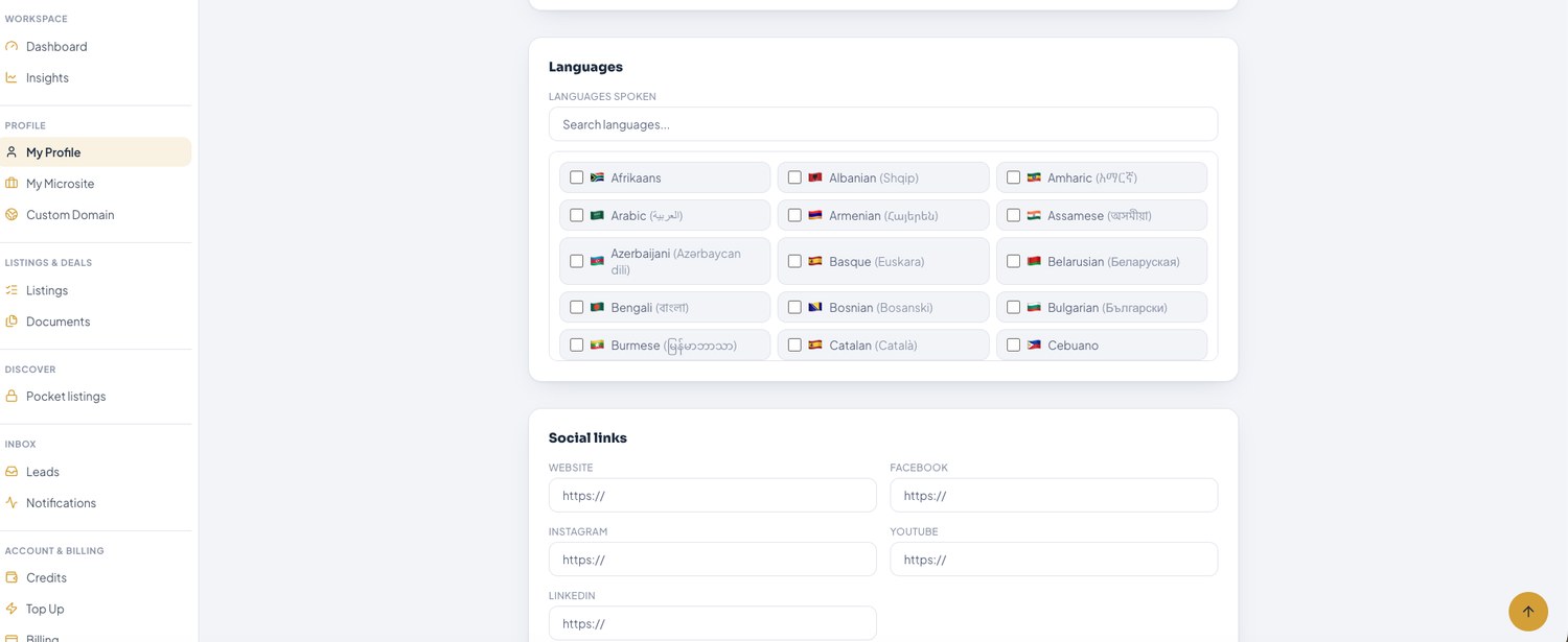 Languages spoken and social links — the details that make your profile richer.