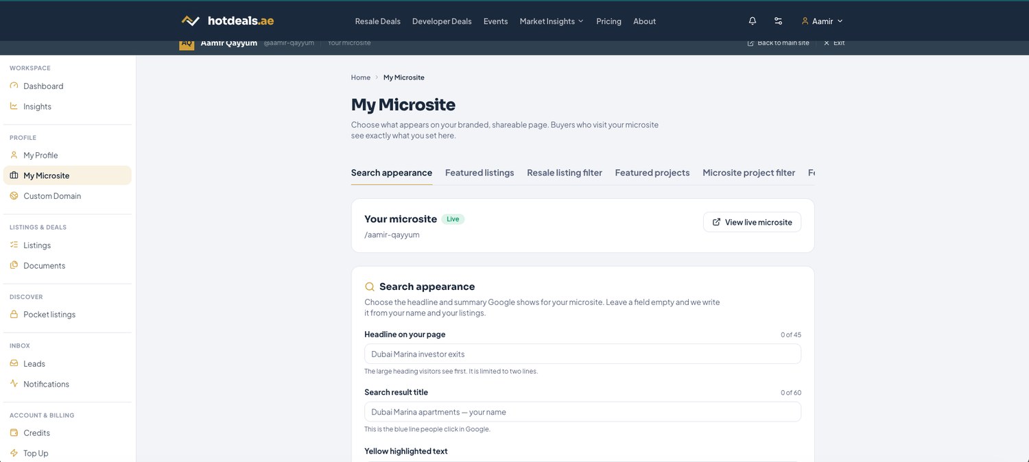 My Microsite → Search appearance. The tab bar switches between every microsite setting.