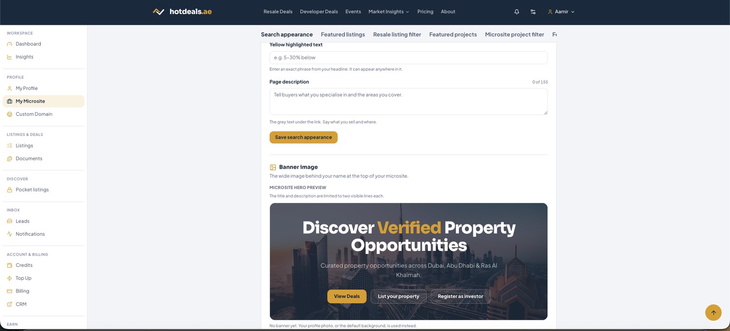 Highlighted phrase, page description, Save, and a live preview of your microsite hero.