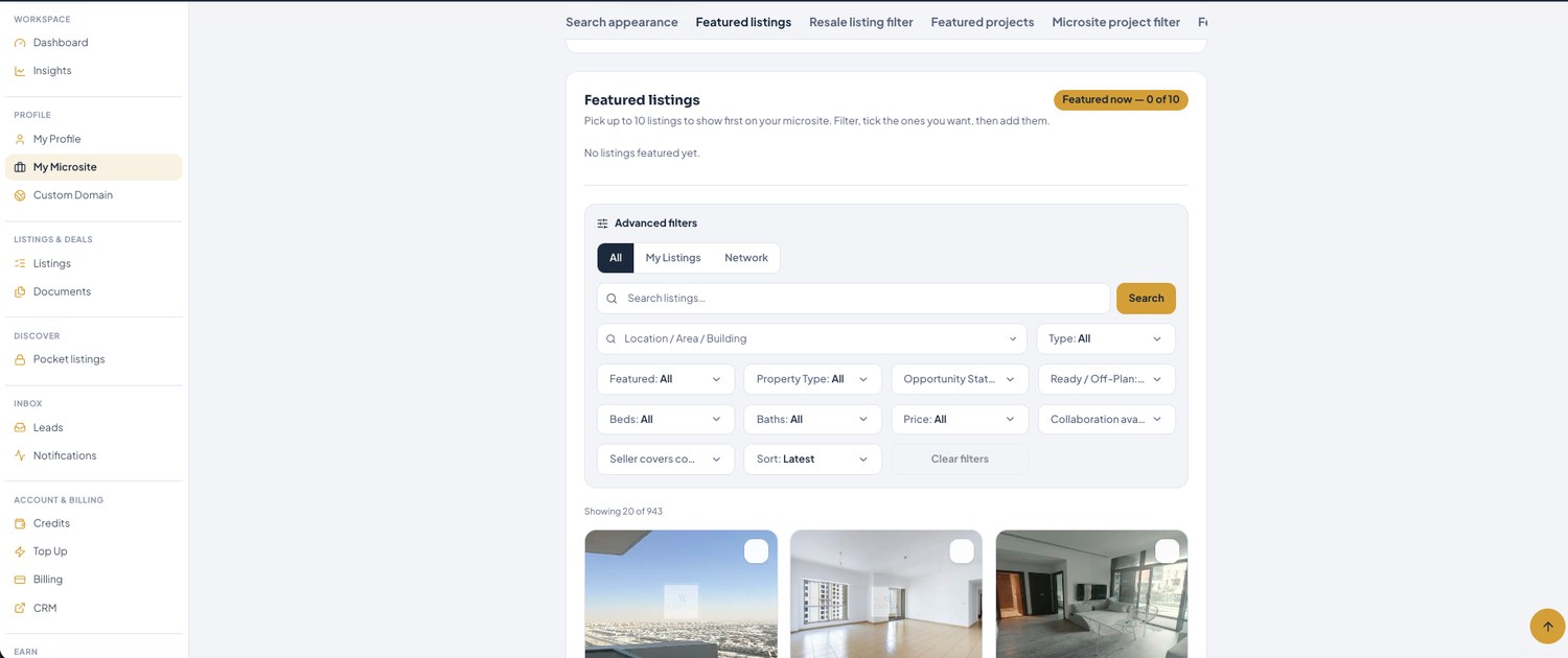 Featured listings — filter the catalogue, tick the ones you want, then add them. Up to 10.