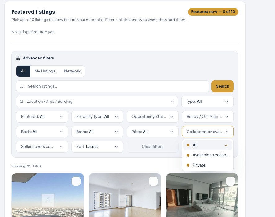 The Collaboration filter — choose listings that other agents have opened up for collaboration.
