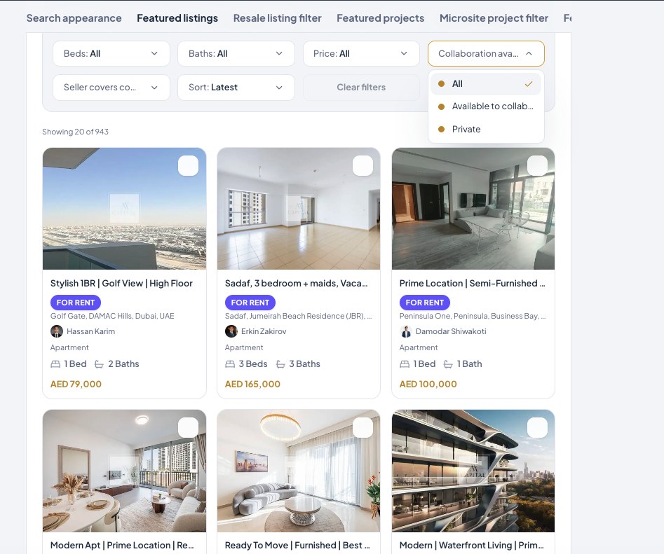 Tick the checkbox on any card to feature it. Your own listings and collaboration listings both qualify.