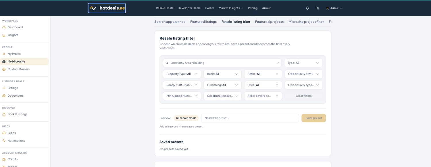 Resale listing filter — build a filter, name it, and save it as the preset every visitor sees.