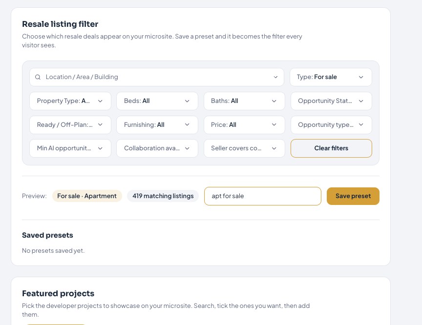 A saved preset in action: For sale · Apartment resolves to 419 matching listings, saved as “apt for sale”.