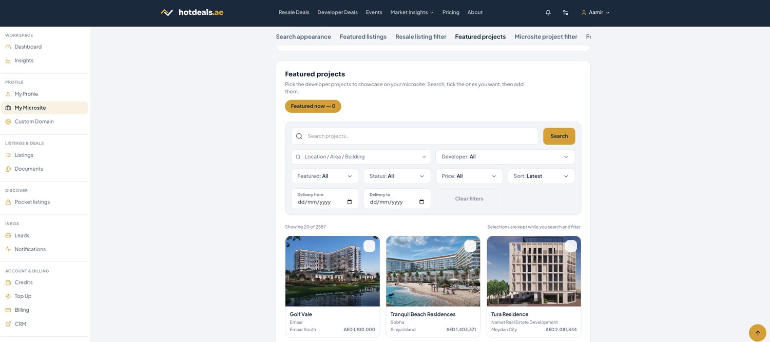 Featured projects — search developer projects, tick the ones to showcase, then add them.