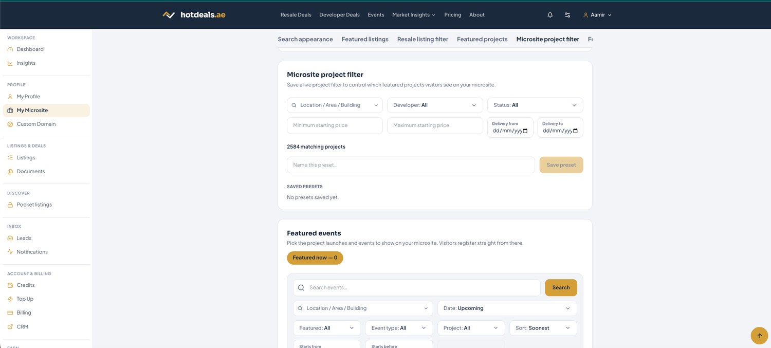 Microsite project filter (saved preset for projects) and Featured events for launches.