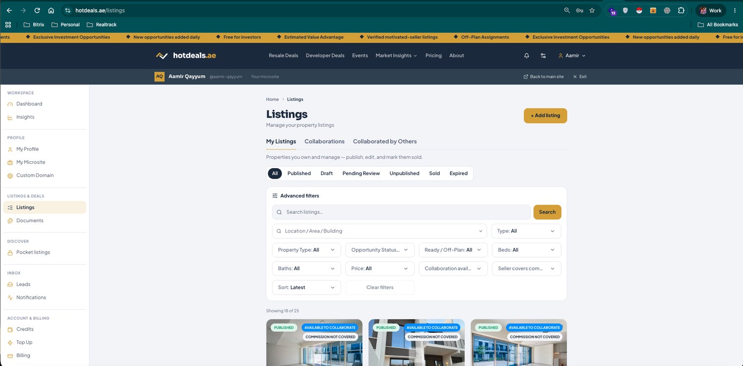 Listings → My Listings. Your own inventory, with status tabs, filters, and Add listing.