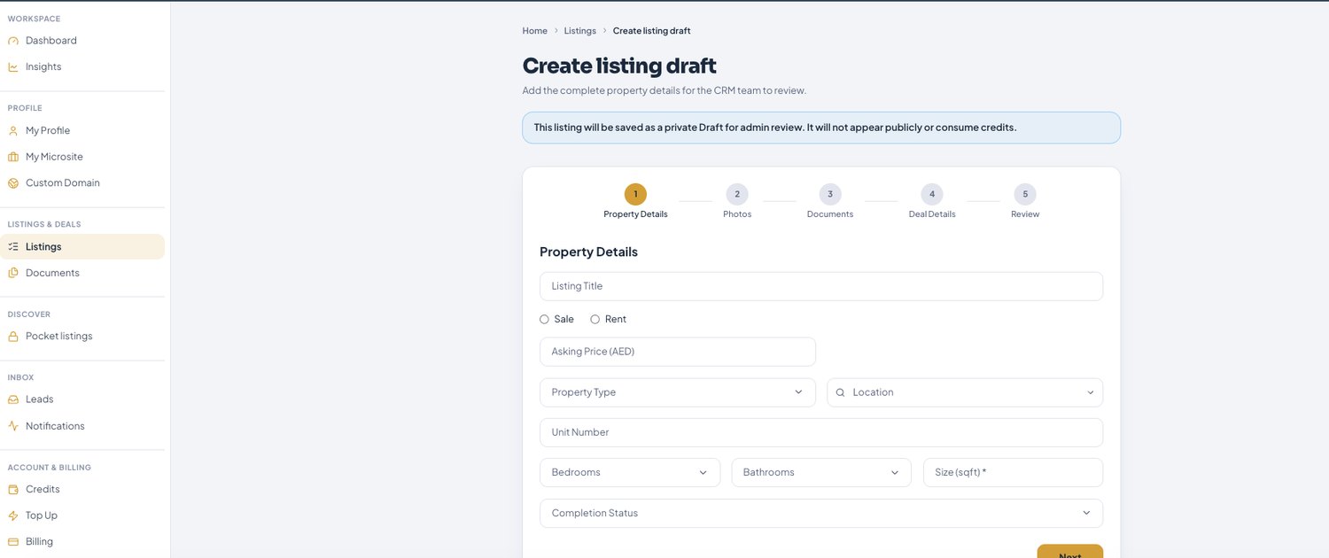 Create listing draft — a 5-step wizard. Drafts stay private for admin review and don't consume credits.