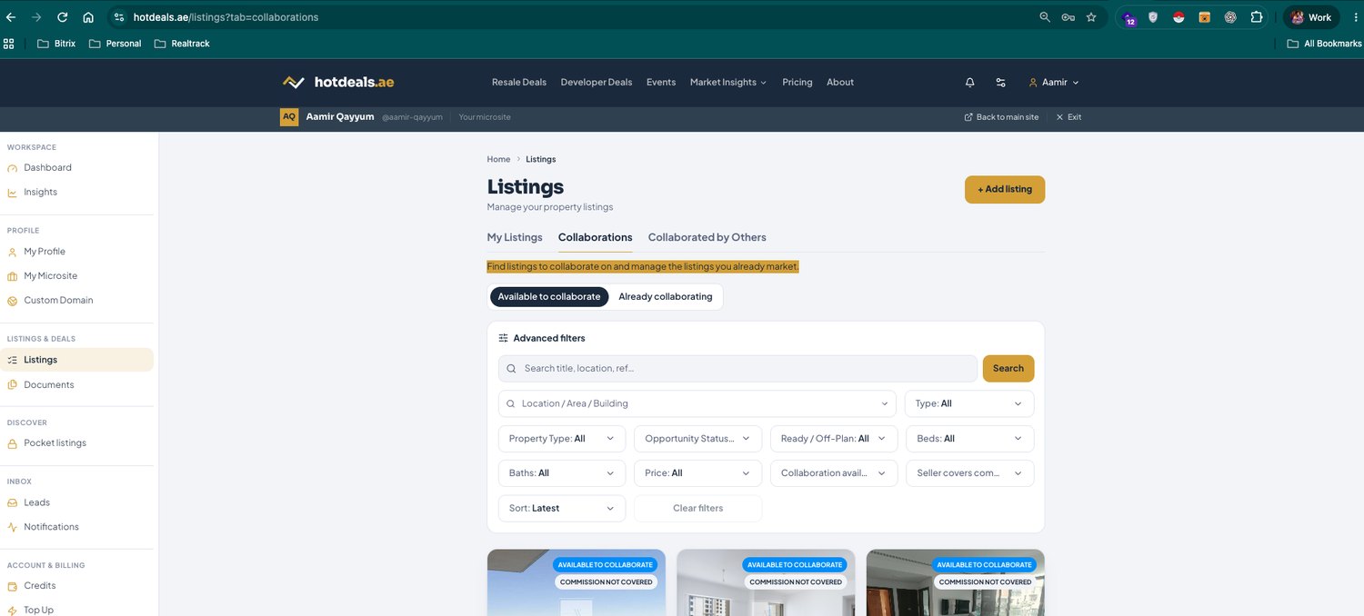 Listings → Collaborations. Find inventory to market on your behalf, and manage what you already collaborate on.
