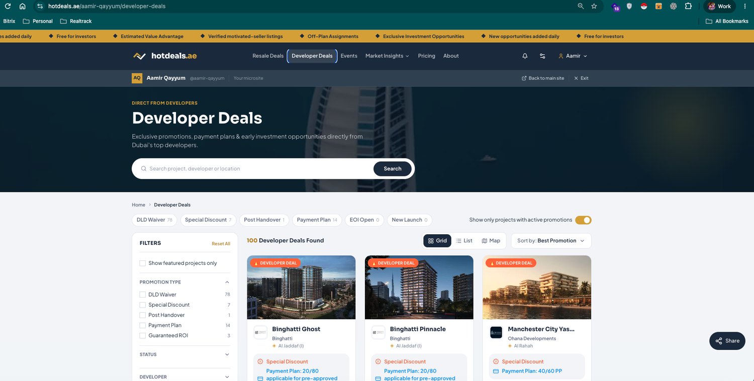 Developer Deals — real-time developer inventory, filtered by live promotions: DLD waiver, discounts, post-handover, payment plans and more.