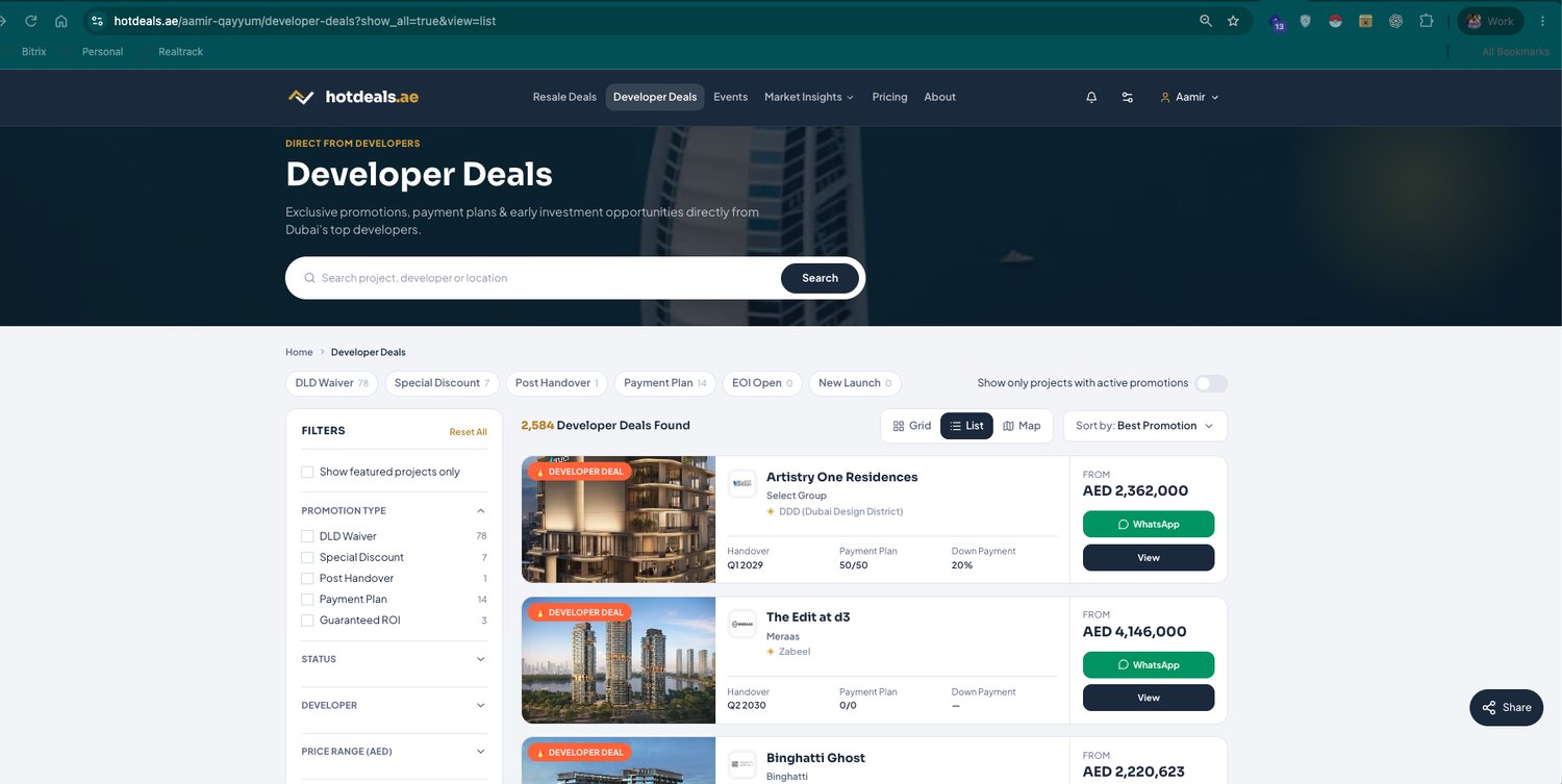 The same inventory in List view — price, handover, payment plan and one-tap WhatsApp per project. Grid, List and Map views are a click apart.