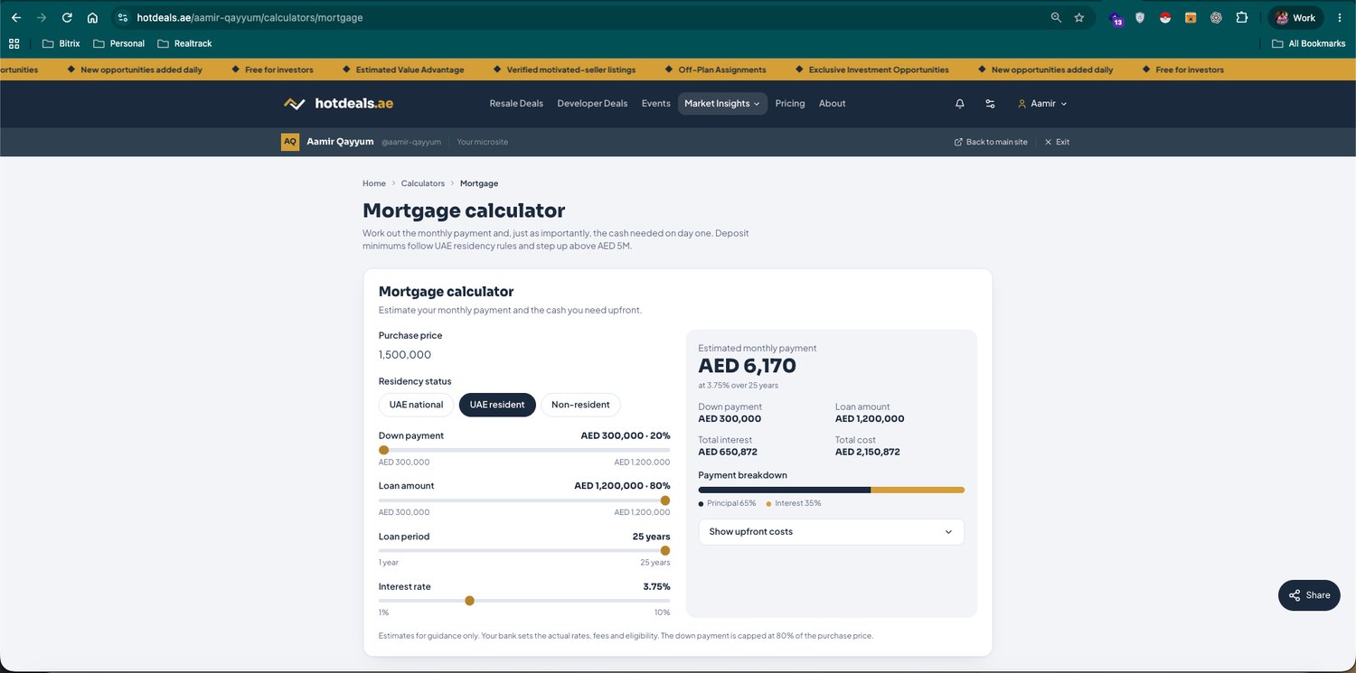 The Mortgage calculator — monthly payment plus the cash needed on day one, following UAE residency rules.