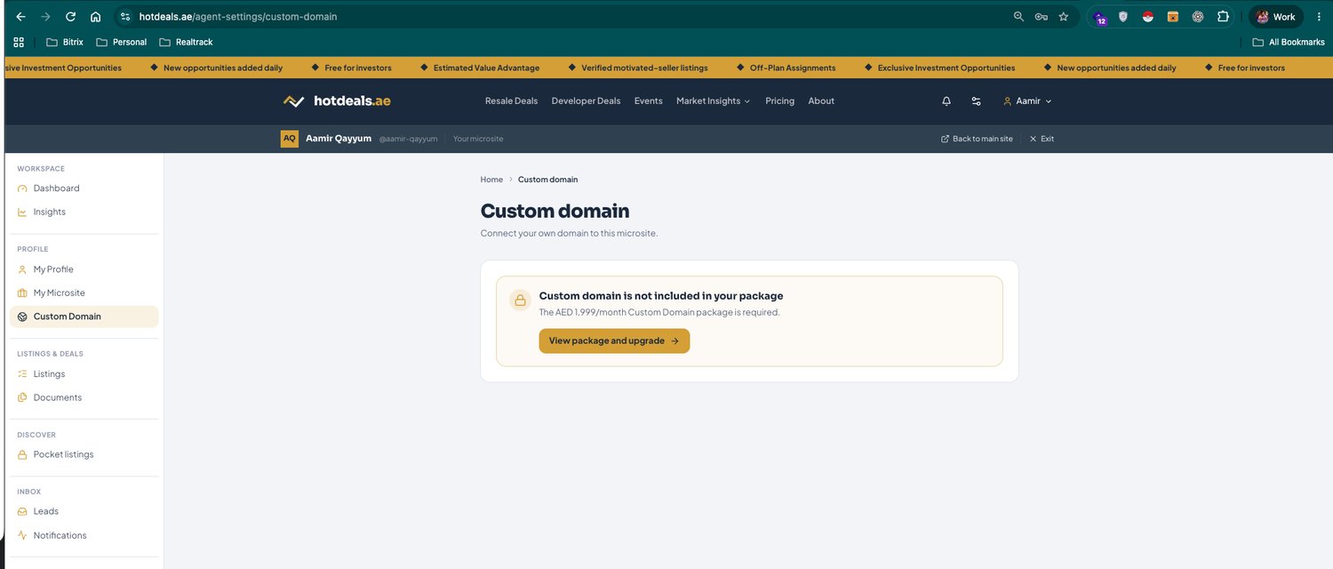 Custom Domain — connect your own web address to your microsite. Available on the upgraded package.