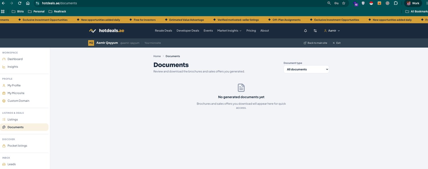 Documents — every brochure and sales offer you generate is stored here to re-download anytime.