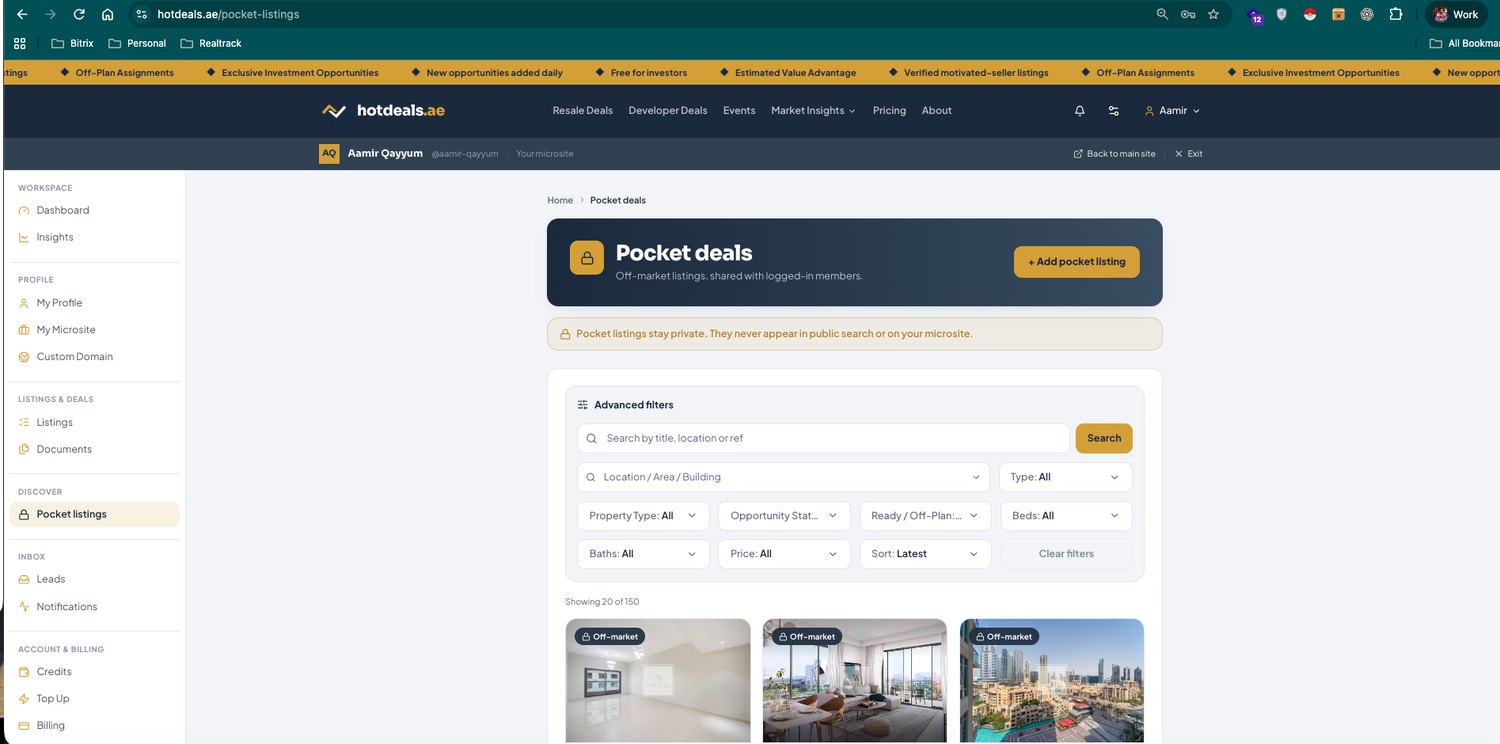 Pocket deals — off-market listings shared only with logged-in network members. Never shown in public search or on your microsite.