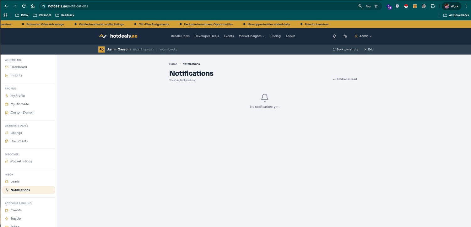 Notifications — your activity inbox. Mark all as read in one click.