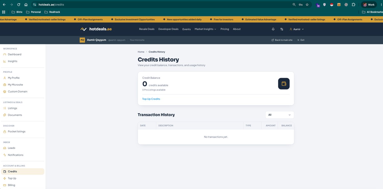 Credits History — balance, Pro Listings available, top-up shortcut and a full transaction log.